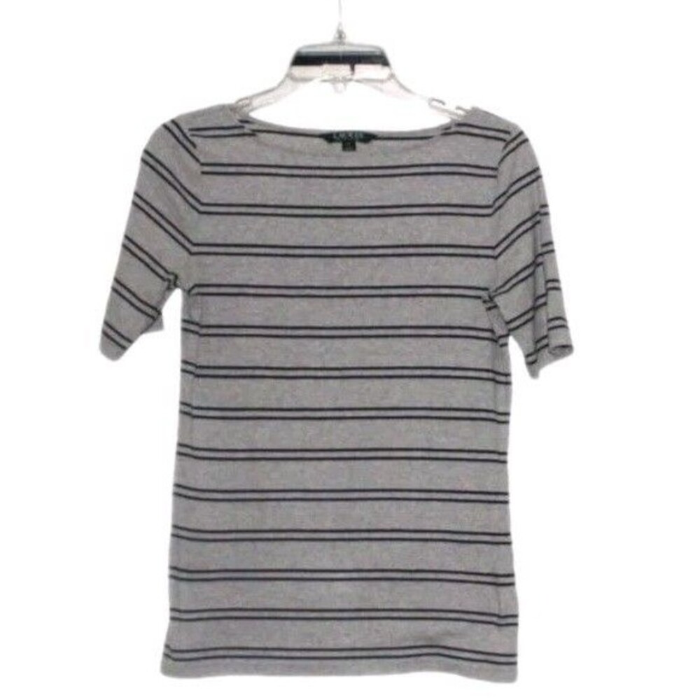 Lauren Ralph Lauren Womens Gray Black Stripe Short Sleeve T Shirt Top Size M